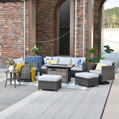 Ovios 7 Pieces Outdoor Patio Furniture with Rectangle Fire Pit Table All Weather Wicker Sectional Set with 360° Swivel Rocking Chair for Porch