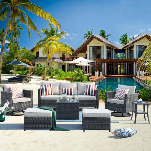 Ovios Outdoor Patio Furniture Set with 360 Degree Swivel Rocking Chairs 7 Pieces All Weather Wicker Patio Sectional Sofa with Coffee Table