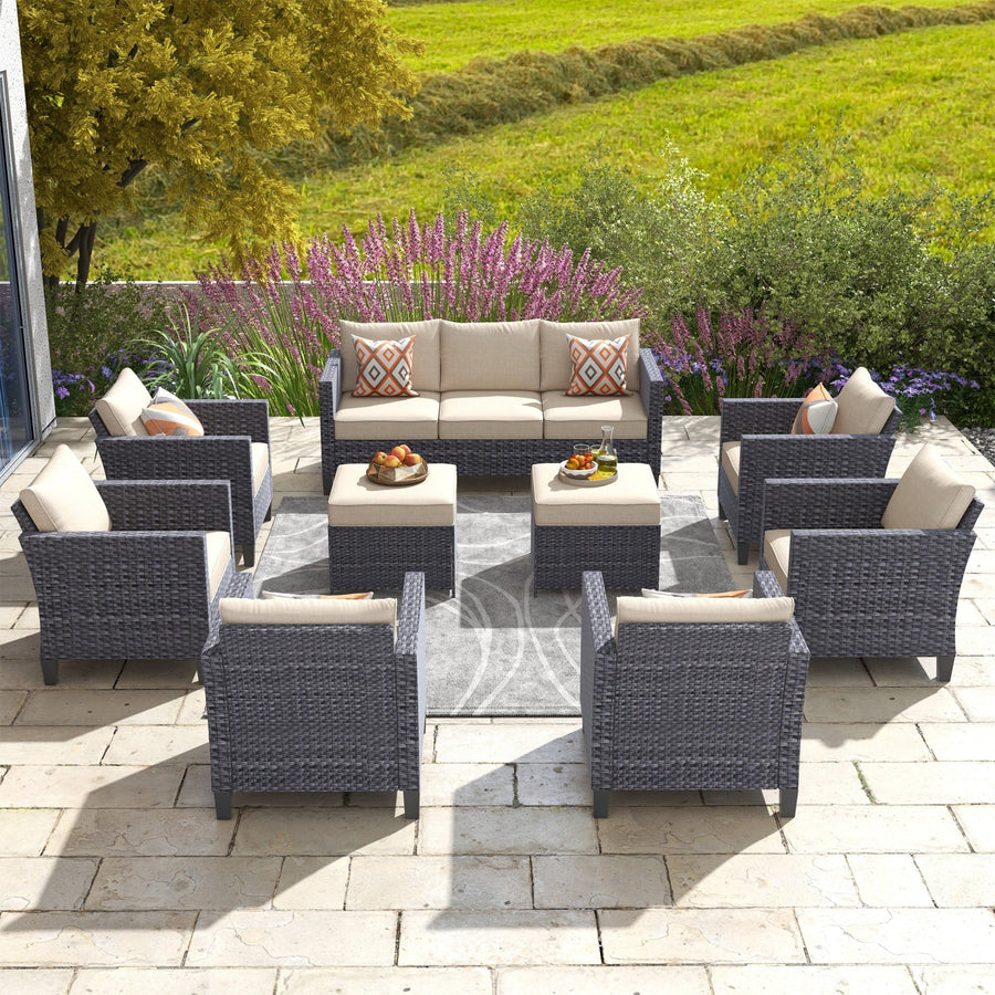 Ovios 9 Piece Outdoor Furniture All Weather Patio Conversation Chair Set Wicker Sectional Sofa with Soft Cushions for Garden Backyard