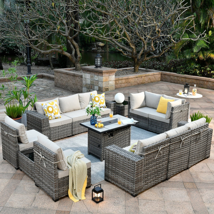 Ovios 13 Pieces Outdoor Patio Furniture with Fire Pit Table All Weather Wicker Sectional Set for Porch