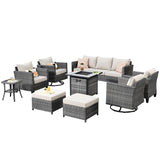 Ovios 9 Pieces Outdoor Patio Furniture with 30Inch Gas Fire Pit Table CSA Approved Grey Wicker Conversation Set with 360 Degree Swivel Rocking Chair 5