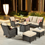 Ovios 7 Pieces Outdoor Patio Furniture with 30 inch Fire Pit Table All Weather Wicker Conversation Set with 360°Swivel Chair for Porch Metal Frame 2