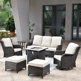 Ovios 7 Pieces Outdoor Patio Furniture with 30 inch Fire Pit Table All Weather Wicker Conversation Set with 360°Swivel Chair for Porch Metal Frame 1