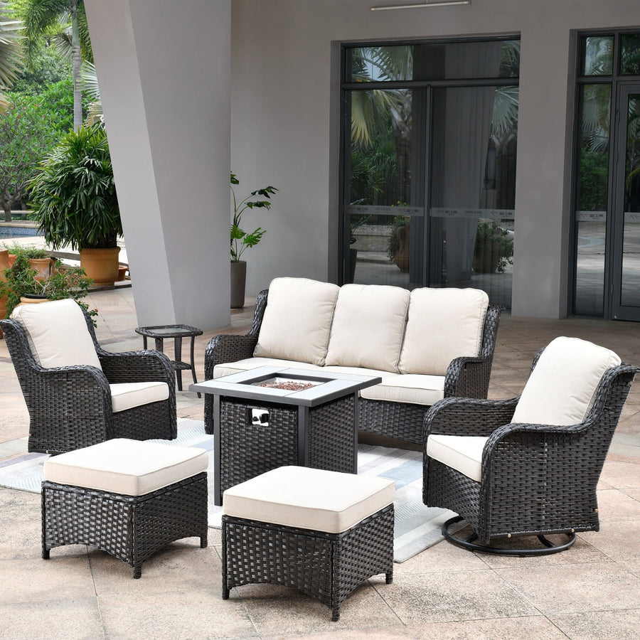 Ovios 7 Pieces Outdoor Patio Furniture with 30 inch Fire Pit Table All Weather Wicker Conversation Set with 360°Swivel Chair for Porch Metal Frame