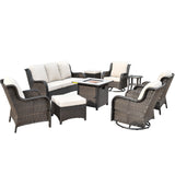 Ovios 9 Pieces Outdoor Patio Furniture with 30 Inch Fire Pit Table CSA Approved Grey Wicker Conversation Set with 360 Degree Swivel Rocking Chair 4