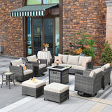 Ovios 9 Pieces Outdoor Patio Furniture with 30Inch Gas Fire Pit Table CSA Approved Grey Wicker Conversation Set with 360 Degree Swivel Rocking Chair 1