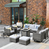 Ovios 9 Pieces Outdoor Patio Furniture with 30Inch Gas Fire Pit Table CSA Approved Grey Wicker Conversation Set with 360 Degree Swivel Rocking Chair 2