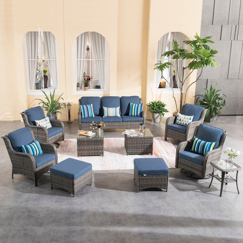Ovios Patio Furniture Set 10-piece Wicker Rocking Swivel Chair Sectional Sofa Side Tables Coffee Table Denim Blue