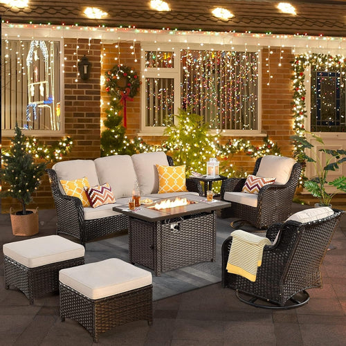 Ovios 7 Pieces Outdoor Patio Furniture with Fire Pit Table All Weather Wicker Conversation Set with Swivel Chair for Porch