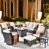 Ovios 9 Pieces Outdoor Patio Furniture with 30 Inch Fire Pit Table CSA Approved Grey Wicker Conversation Set with 360 Degree Swivel Rocking Chair 1