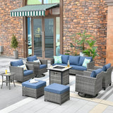 Ovios 9 Pieces Outdoor Patio Furniture with 30Inch Gas Fire Pit Table CSA Approved Grey Wicker Conversation Set with 360 Degree Swivel Rocking Chair 3